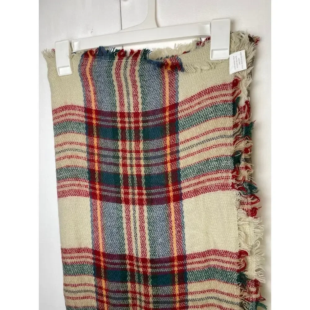 Womens Red Plaid Neck Scarf Cream Fringe Countryside‎ Prep Square Wrap